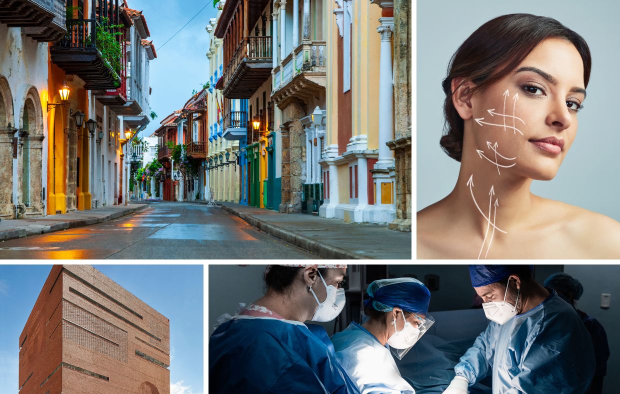 Collage showing a colorful street, a woman's face with cosmetic markings for facelift surgery, a modern building, and surgeons performing an operation.